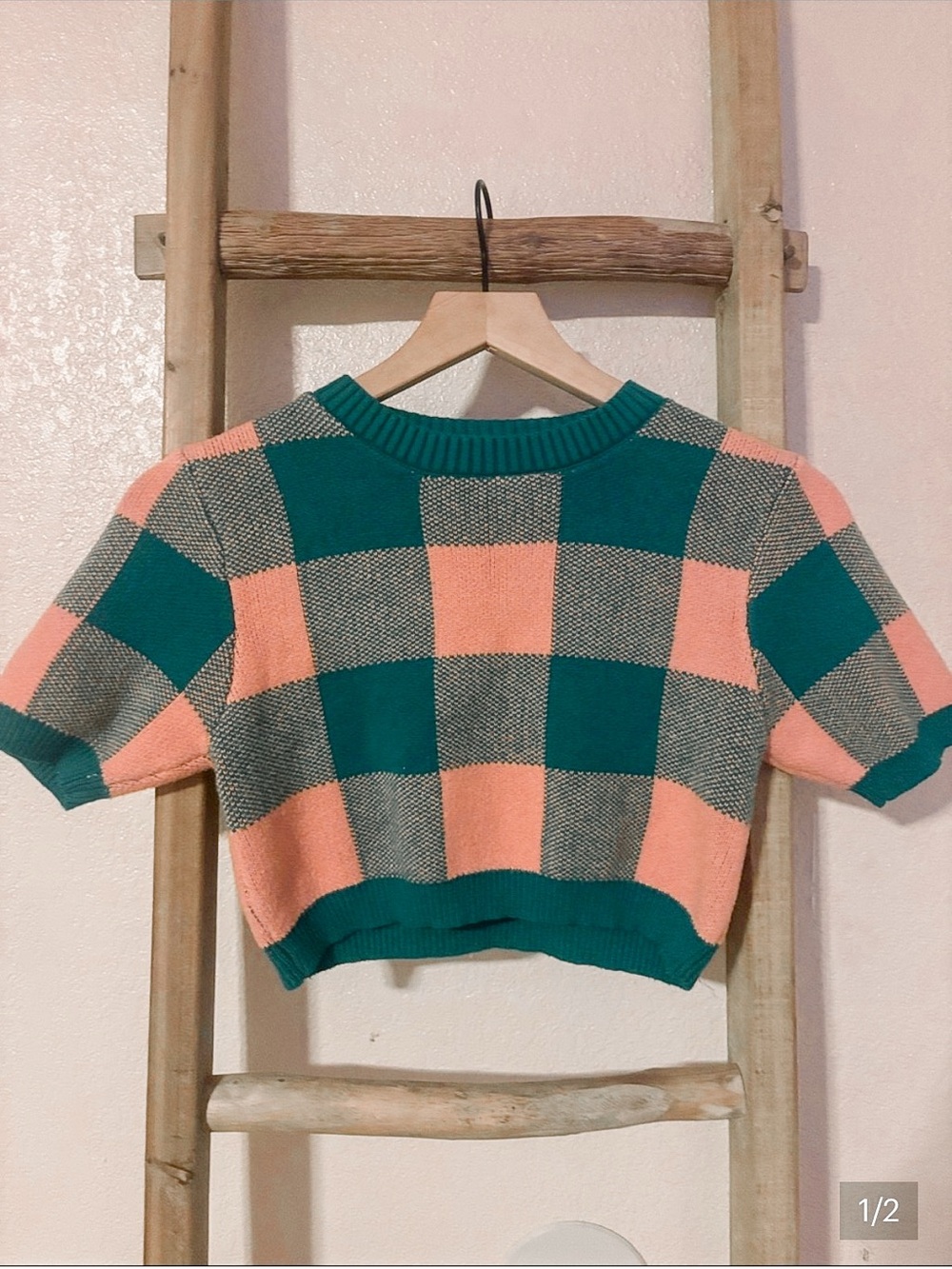 Cider Checkerboard Cropped Sweater - Teal and Coral